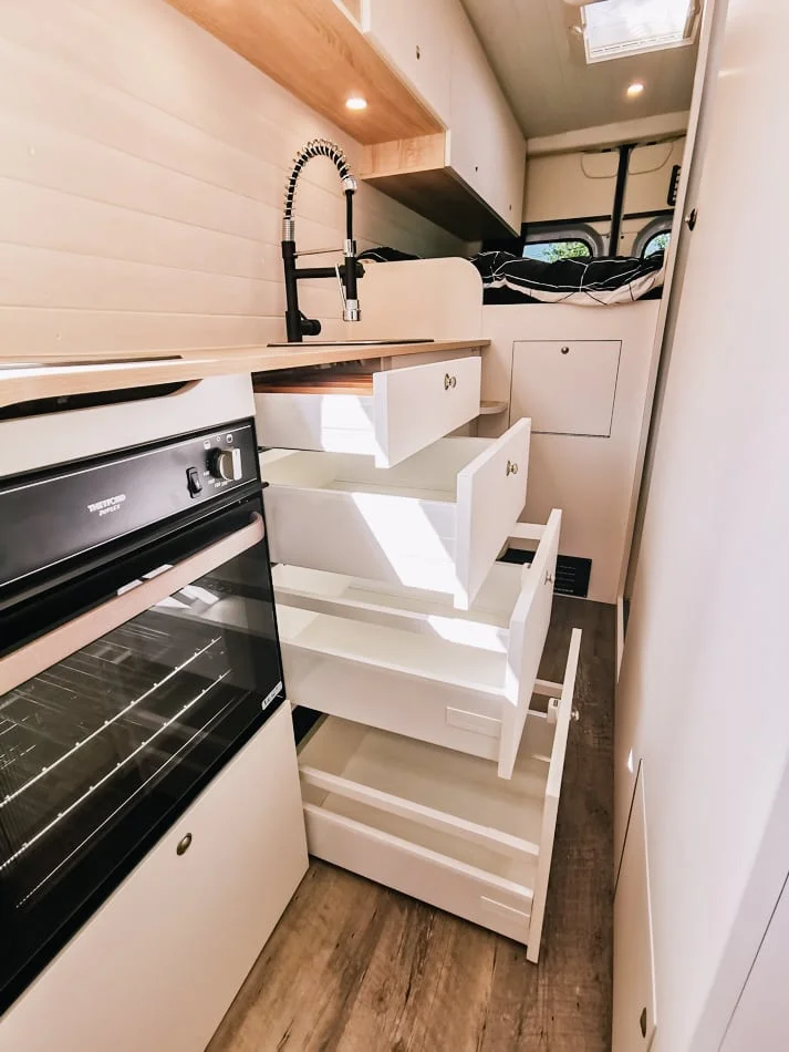 Cuisine avec meubles Blum haut de gamme intégrés en fourgon aménagé - aménagement fourgon Mercedes Sprinter